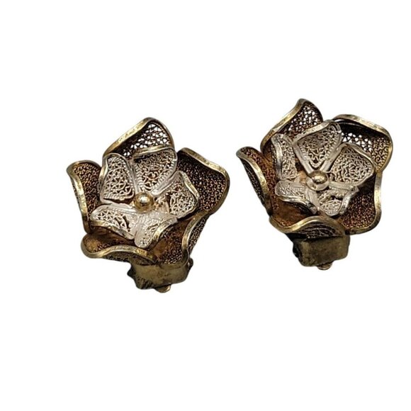 800 Silver Flower Clip On Earrings Gold Wash Two Tone Vintage - Picture 8 of 11